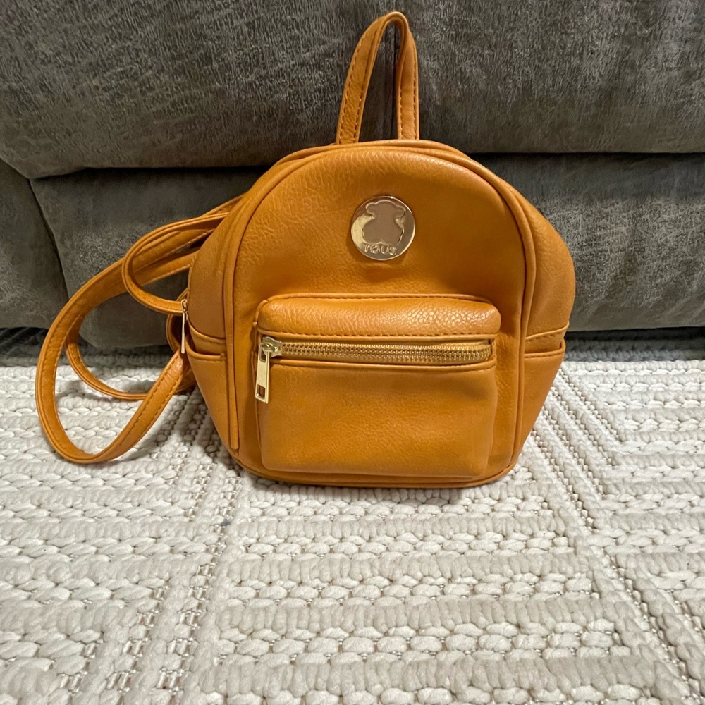 TOUS Caramel Pebbled Leather Mini Backpack Purse Gold Bear Logo EUC